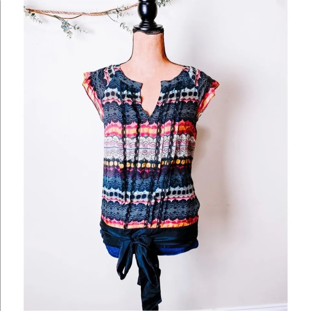 ANTHROPOLOGIE ODILLE Silk Front Tie Pintuck Chiffon Top Size 2
